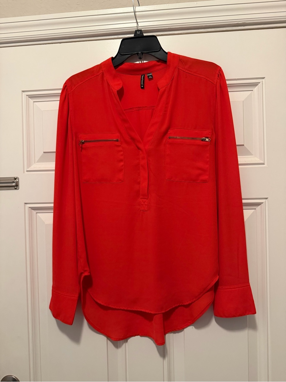 HeartSoul Red V-Neck Long Sleeve Blouse with Zip Chest Pockets